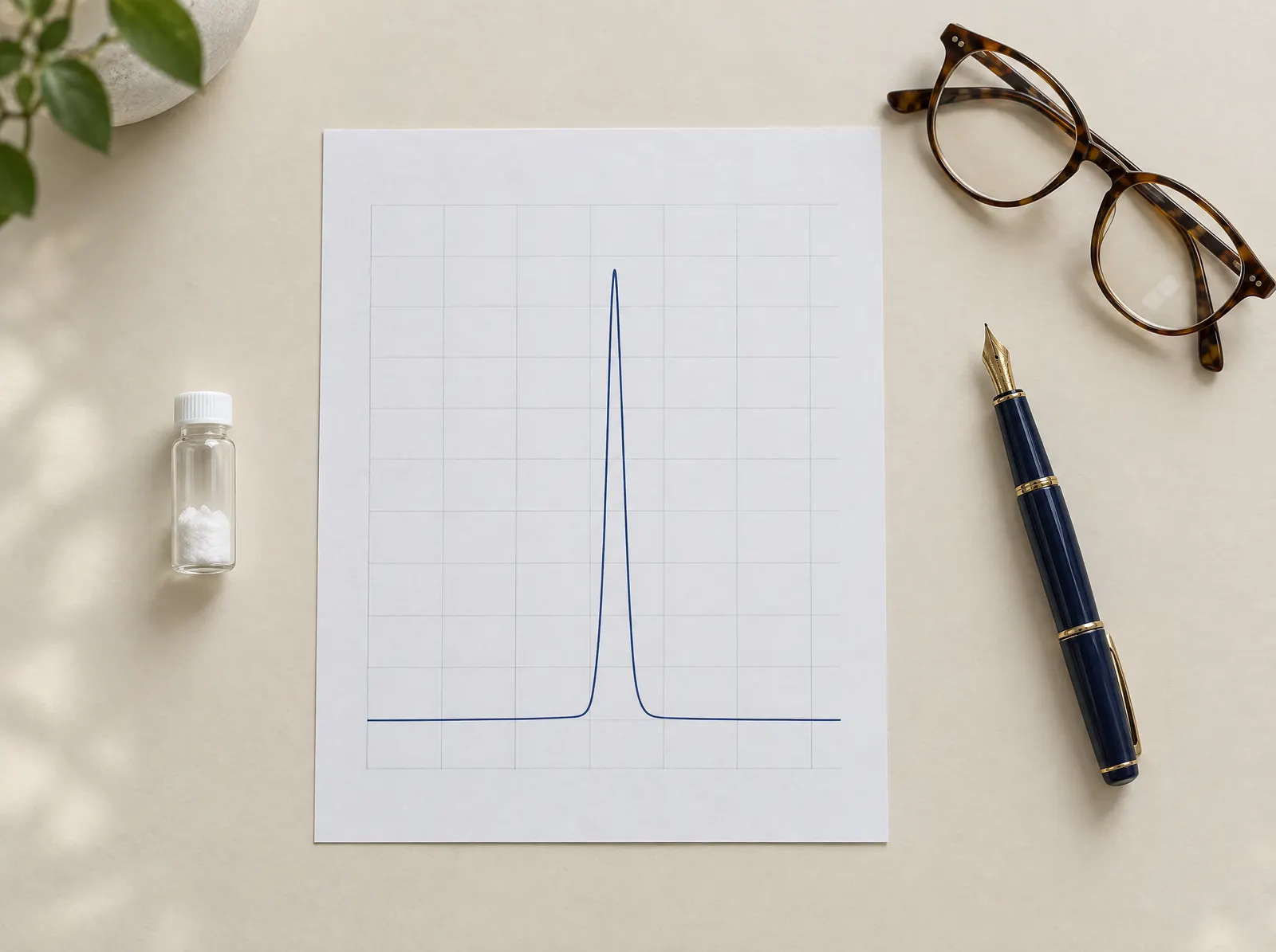 A chromatogram printout on a desk beside a sample vial, a pen and reading glasses