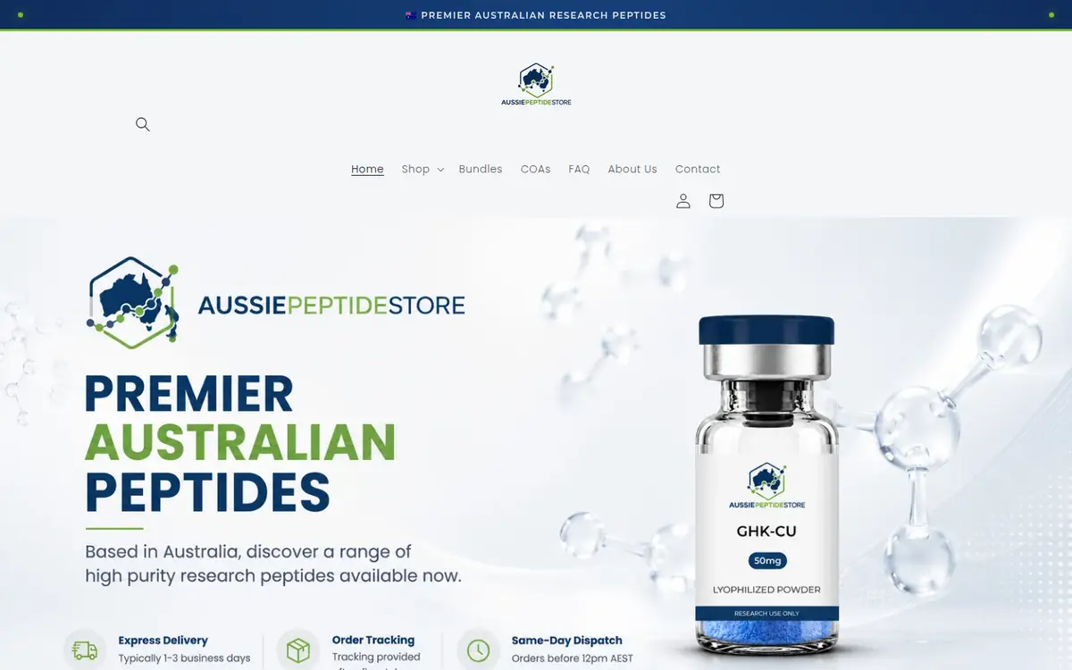 Aussie Peptide Store homepage at desktop width