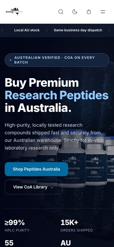 Aussie Peptides homepage at phone width