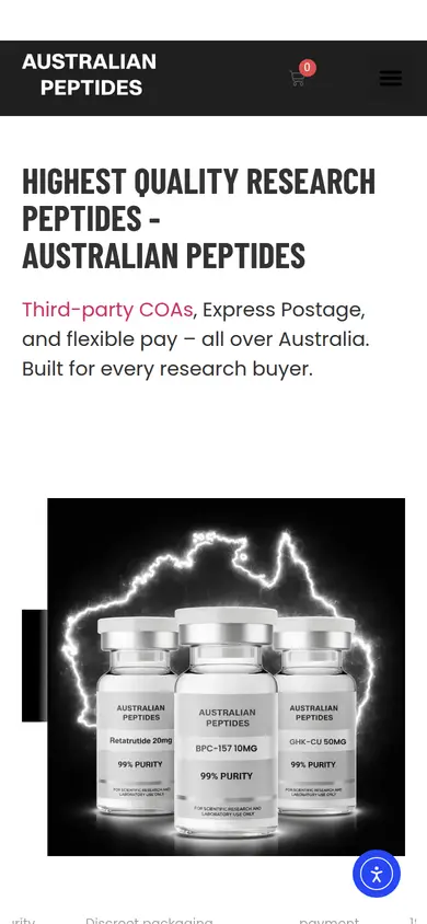 Australian Peptides homepage at phone width