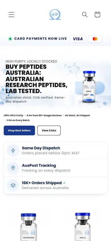 Omega Peptides Australia homepage at phone width