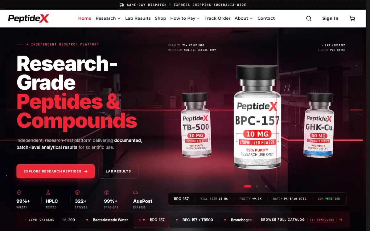 PeptideX Research homepage at desktop width